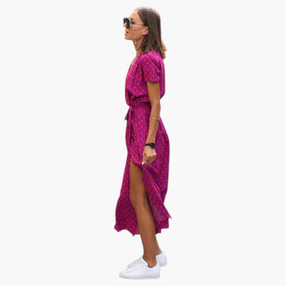 Women's Dress with V Neckline and Printed Surface