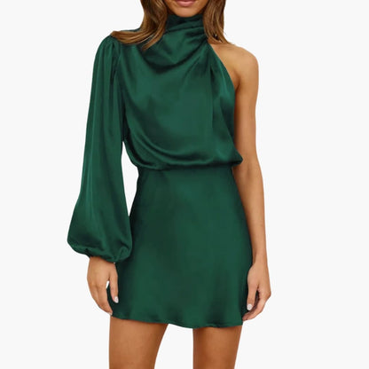 Women’s Halter Mini Dress with Asymmetrical Sleeve