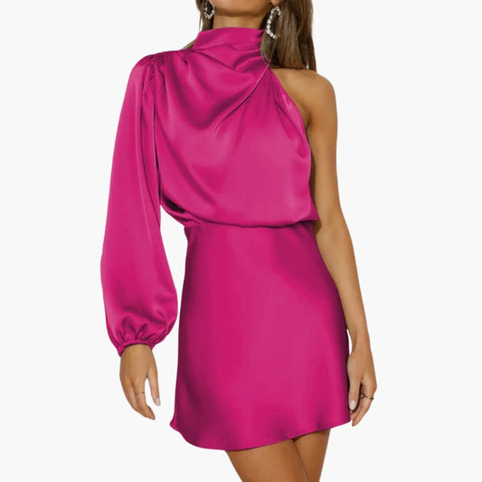 Women’s Halter Mini Dress with Asymmetrical Sleeve