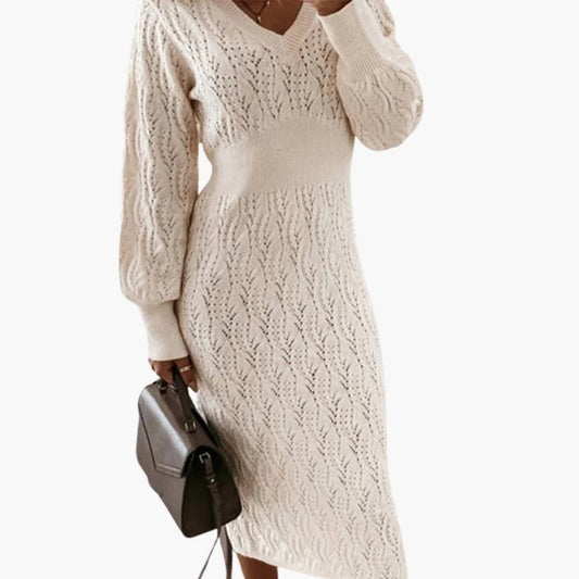 Women’s Knit Pattern Dress with Round Neckline and Long Sleeves