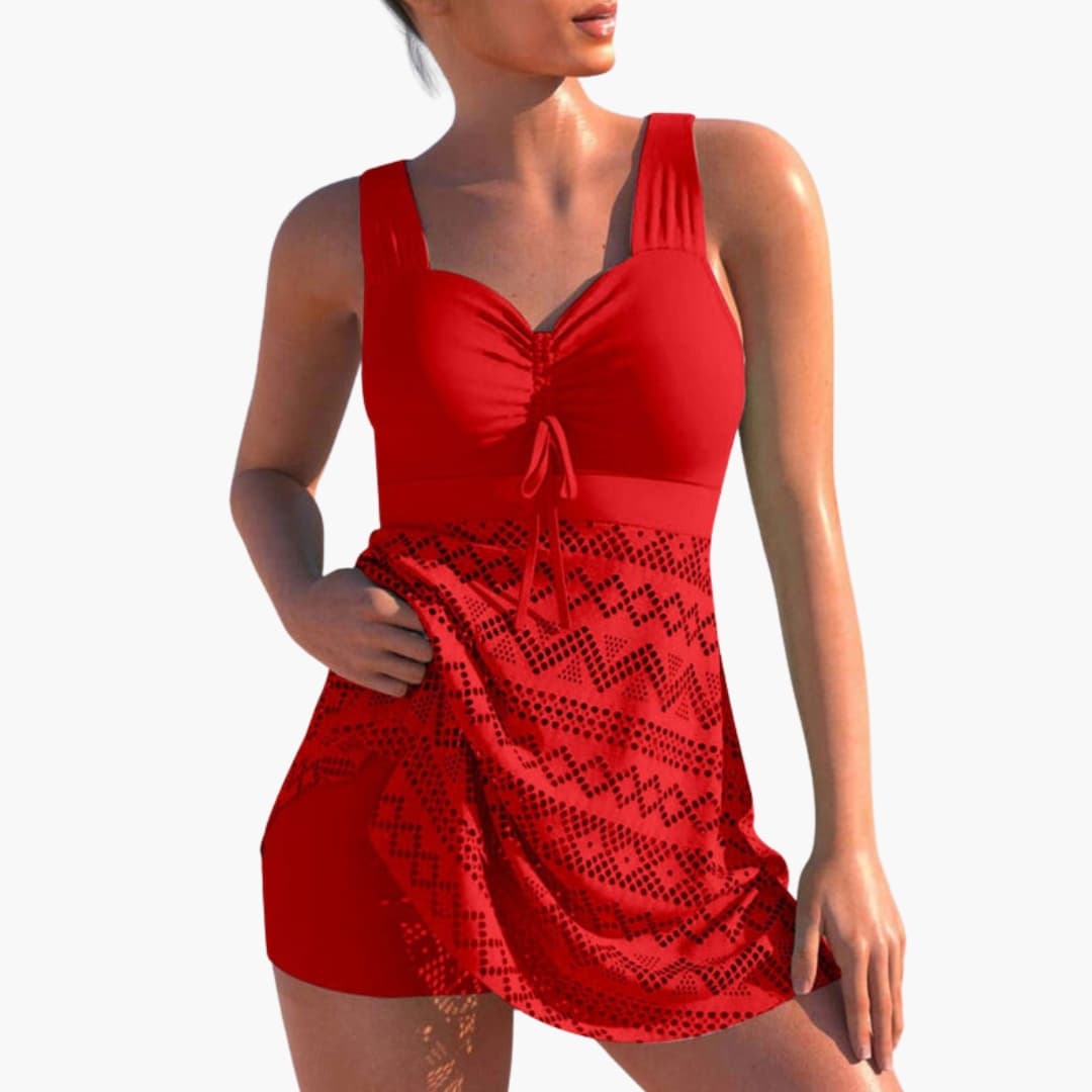 Women’s Lace Swim Dress with Padded Cups and Ruched Front