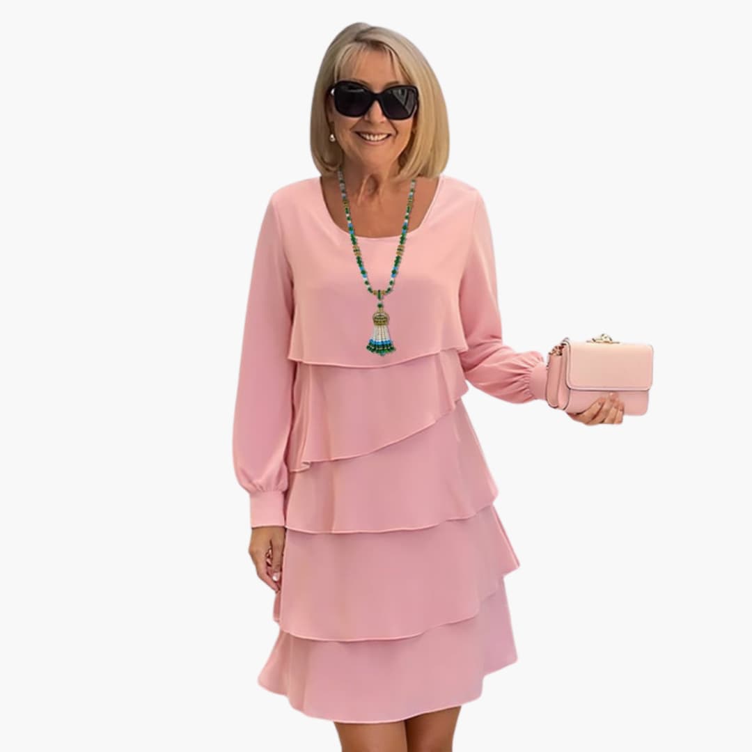 Women’s Layered Dress with Round Neckline and Long Sleeves