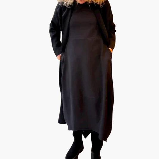 Women’s Long Sleeve Midi Dress with Round Neck and A-Line Skirt