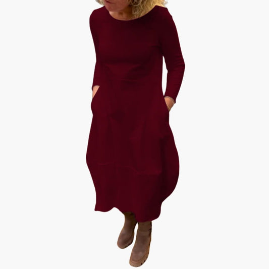 Women’s Long Sleeve Midi Dress with Round Neck and A-Line Skirt
