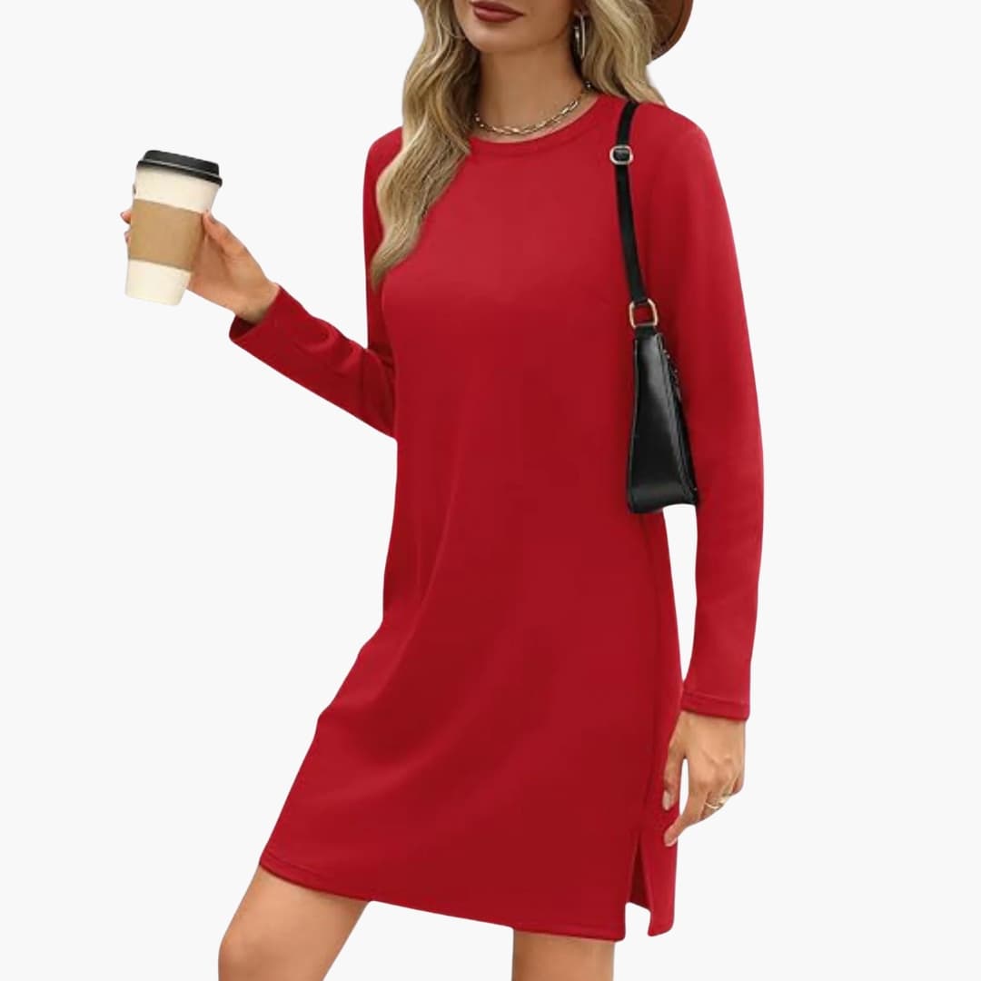 Women's Long Sleeve Mini Dress with Round Neck and Straight Hem