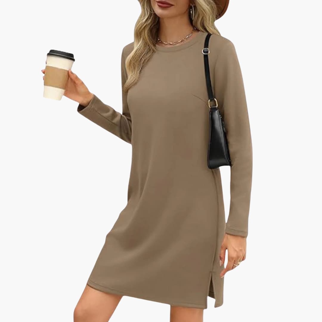 Women's Long Sleeve Mini Dress with Round Neck and Straight Hem