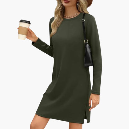 Women's Long Sleeve Mini Dress with Round Neck and Straight Hem