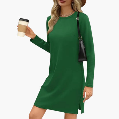 Women's Long Sleeve Mini Dress with Round Neck and Straight Hem