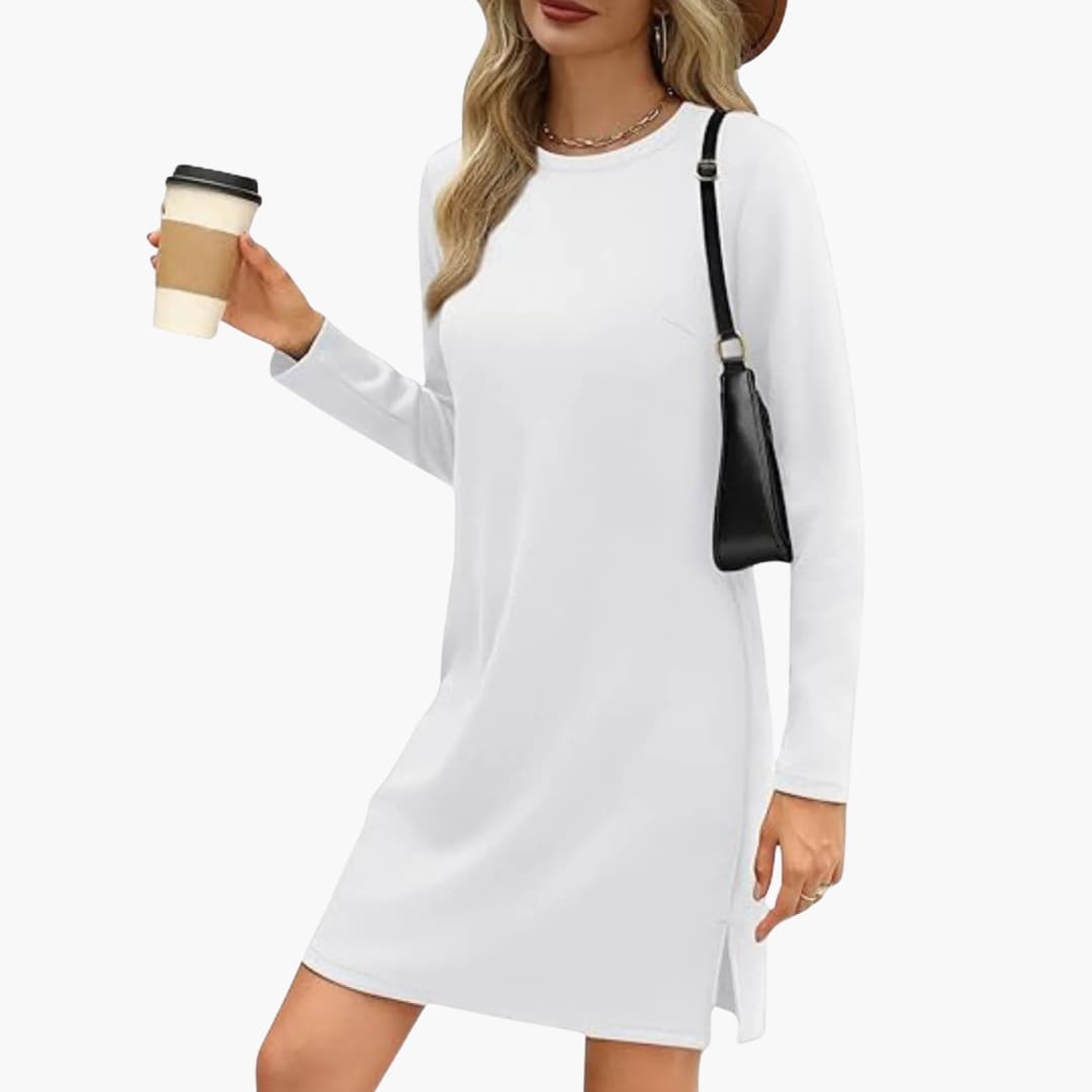 Women's Long Sleeve Mini Dress with Round Neck and Straight Hem