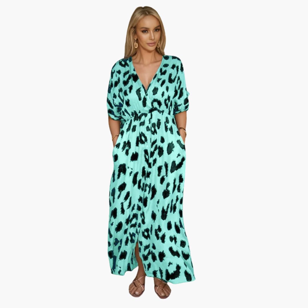 Women’s Long V - Neck Printed Dress with Side Slit
