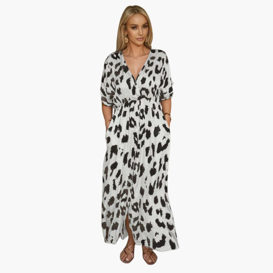 Women’s Long V - Neck Printed Dress with Side Slit