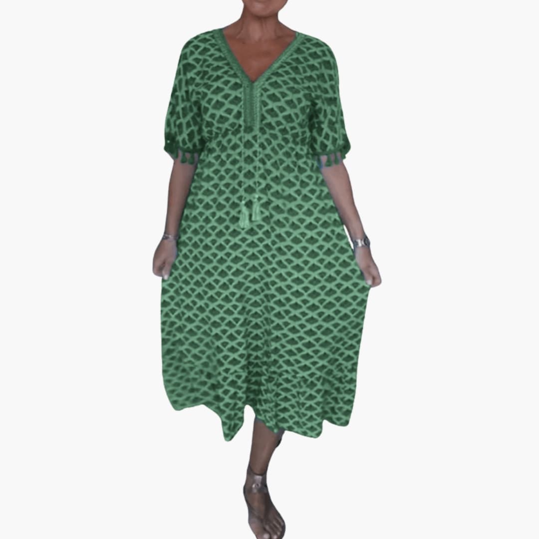 Women’s Loose Summer Midi Dress with V-Neckline and Flowing Skirt