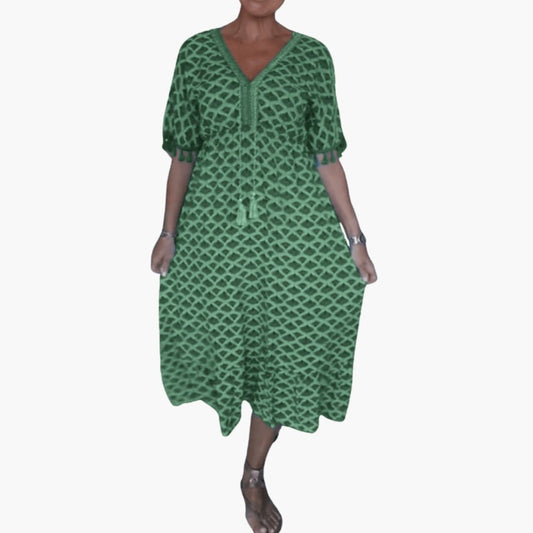 Women’s Loose Summer Midi Dress with V-Neckline and Flowing Skirt