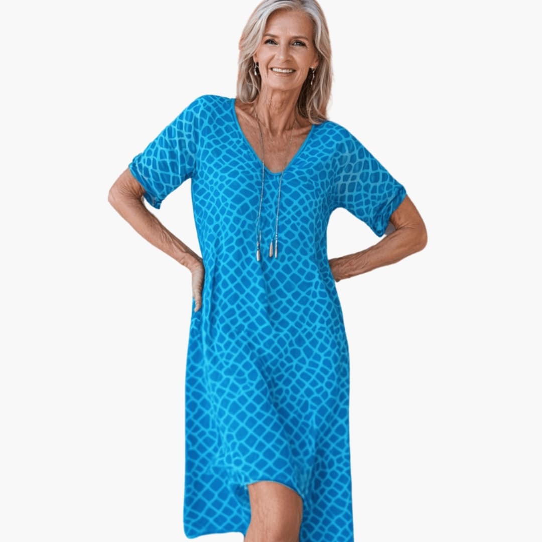 Women’s Loose Summer Midi Dress with V-Neckline and Flowing Skirt