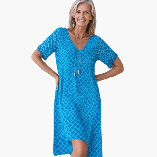 Women’s Loose Summer Midi Dress with V-Neckline and Flowing Skirt