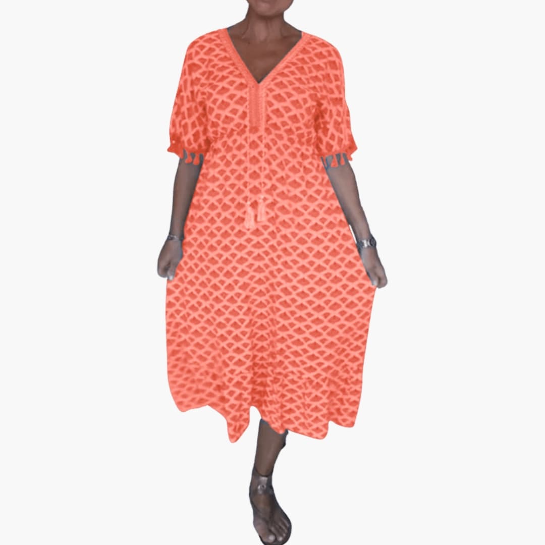 Women’s Loose Summer Midi Dress with V-Neckline and Flowing Skirt