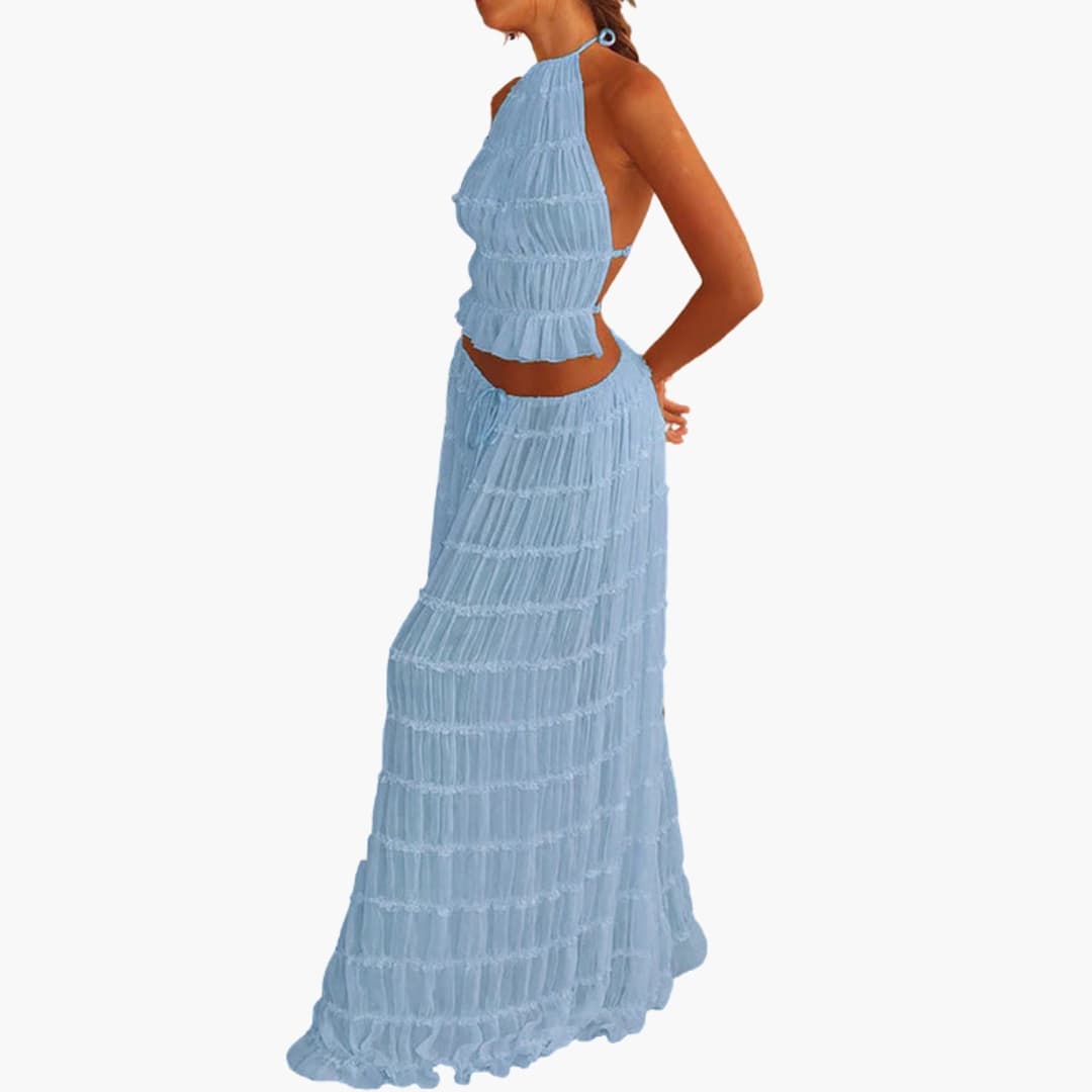 Women’s Maxi Dress with Adjustable Bodice and Ruffle Trim
