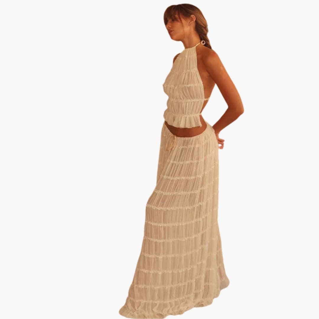 Women’s Maxi Dress with Adjustable Bodice and Ruffle Trim