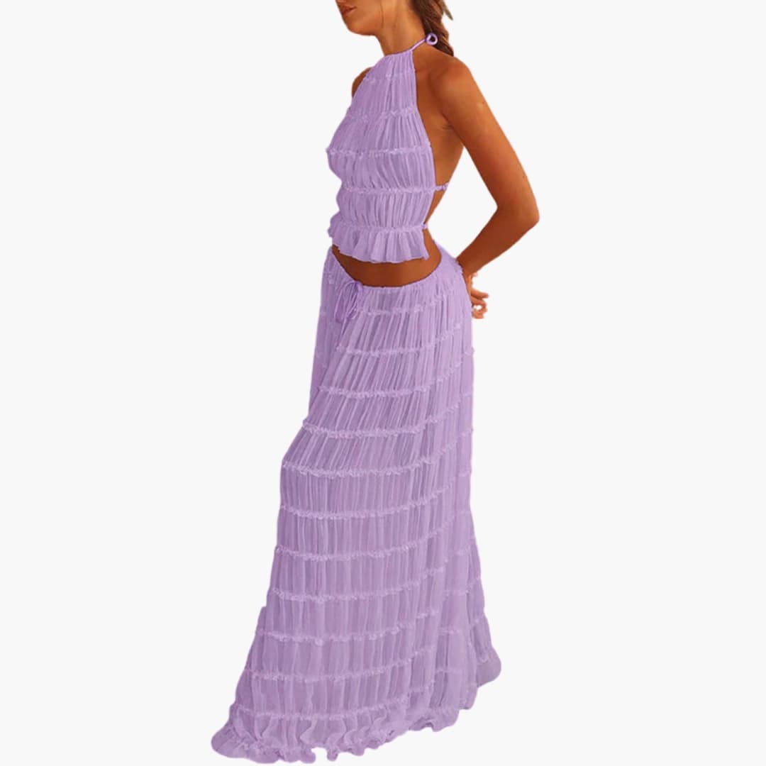 Women’s Maxi Dress with Adjustable Bodice and Ruffle Trim