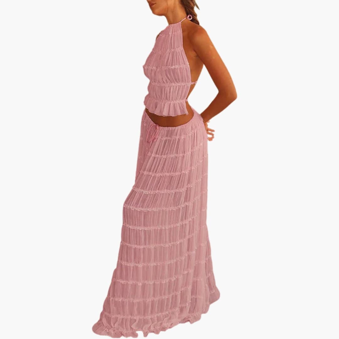 Women’s Maxi Dress with Adjustable Bodice and Ruffle Trim