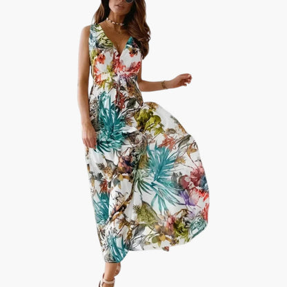 Women's Maxi Dress with V Neckline and Sleeveless Design