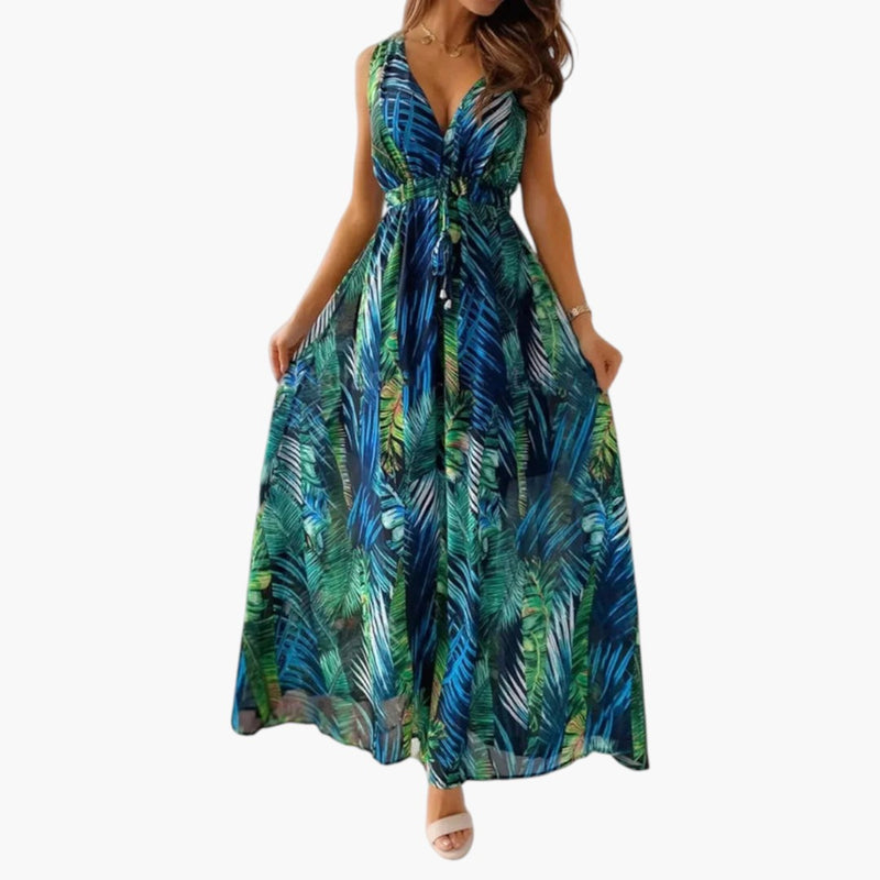 Women's Maxi Dress with V Neckline and Sleeveless Design