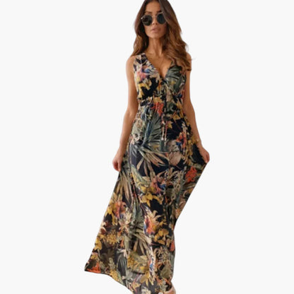Women's Maxi Dress with V Neckline and Sleeveless Design