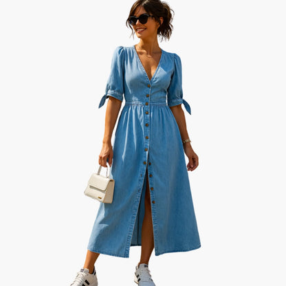 Women’s Midi Dress with Button Front and V Neckline
