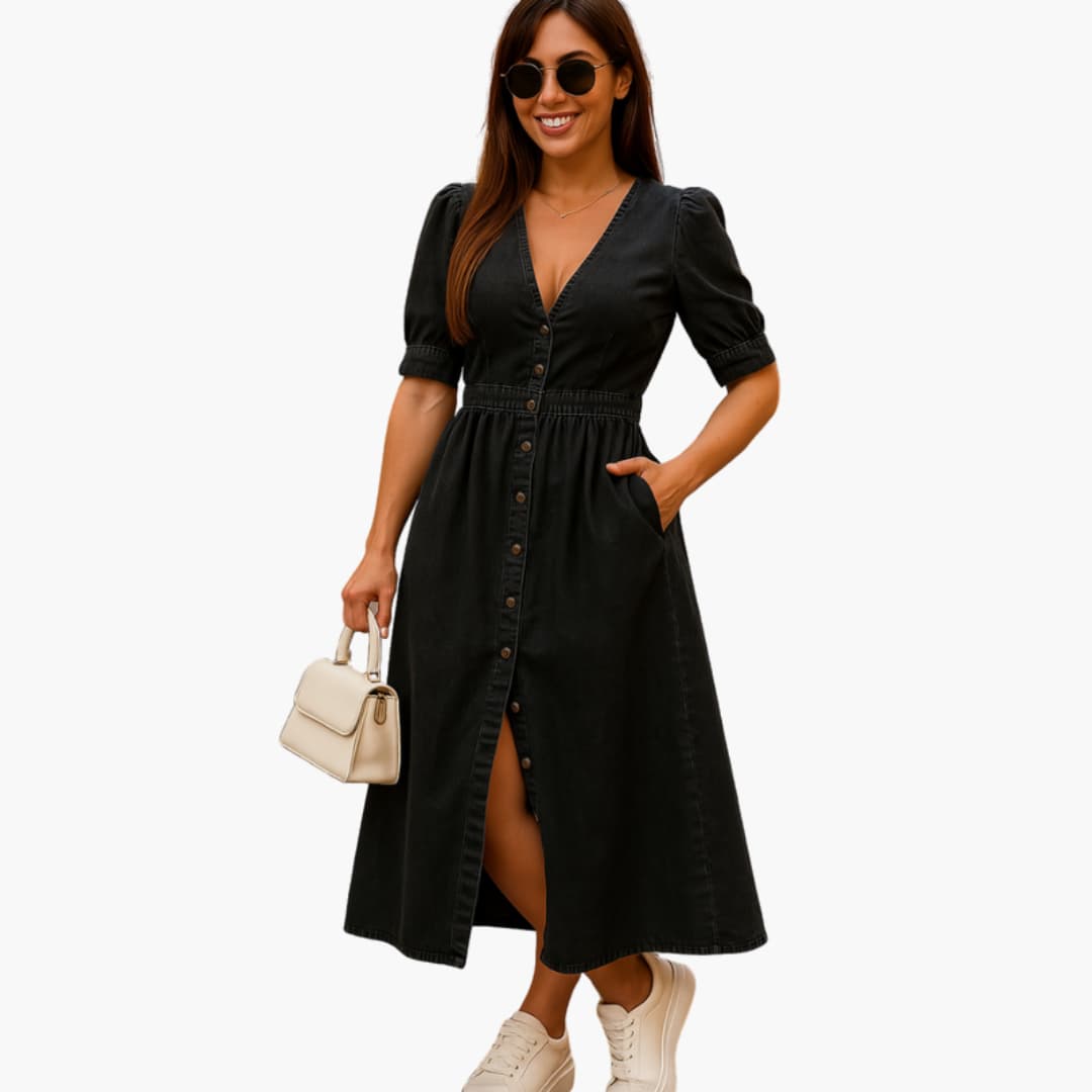 Women’s Midi Dress with Button Front and V Neckline