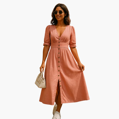 Women’s Midi Dress with Button Front and V Neckline