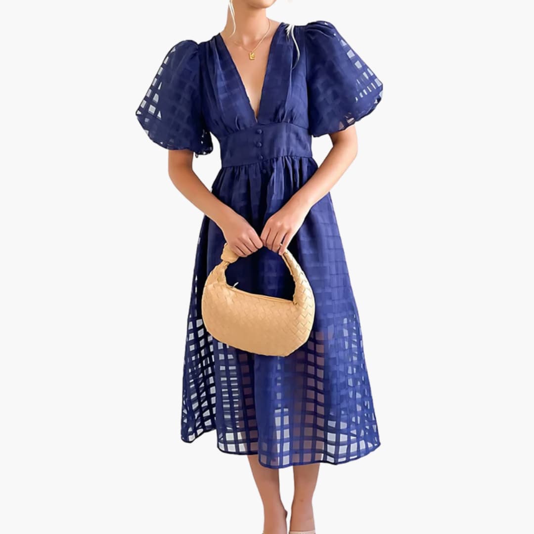 Women’s Midi Dress with Defined Waist and Plain Woven Finish