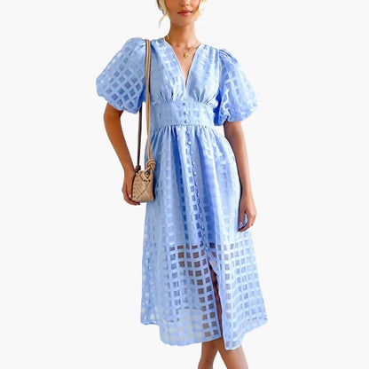 Women’s Midi Dress with Defined Waist and Plain Woven Finish
