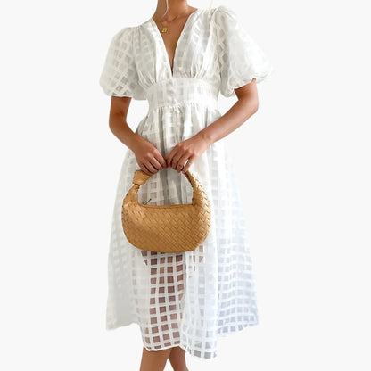 Women’s Midi Dress with Defined Waist and Plain Woven Finish