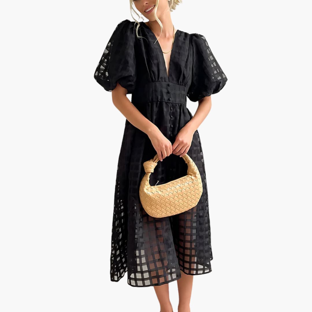 Women’s Midi Dress with Defined Waist and Plain Woven Finish