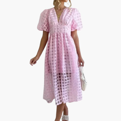 Women’s Midi Dress with Defined Waist and Plain Woven Finish