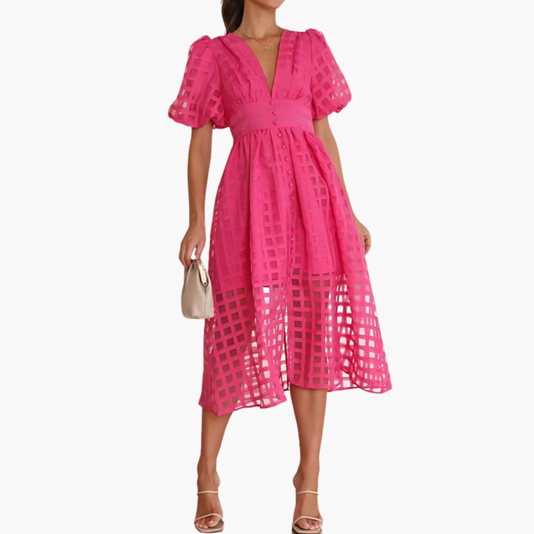 Women’s Midi Dress with Defined Waist and Plain Woven Finish
