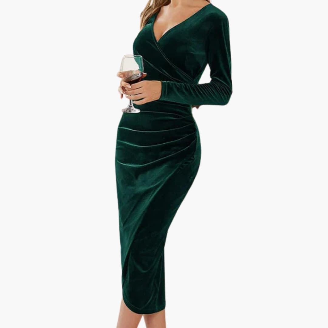 Women’s Midi Dress with Round Neck and Draped Skirt