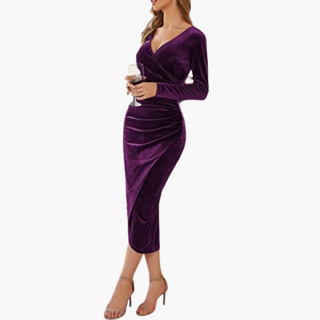 Women’s Midi Dress with Round Neck and Draped Skirt