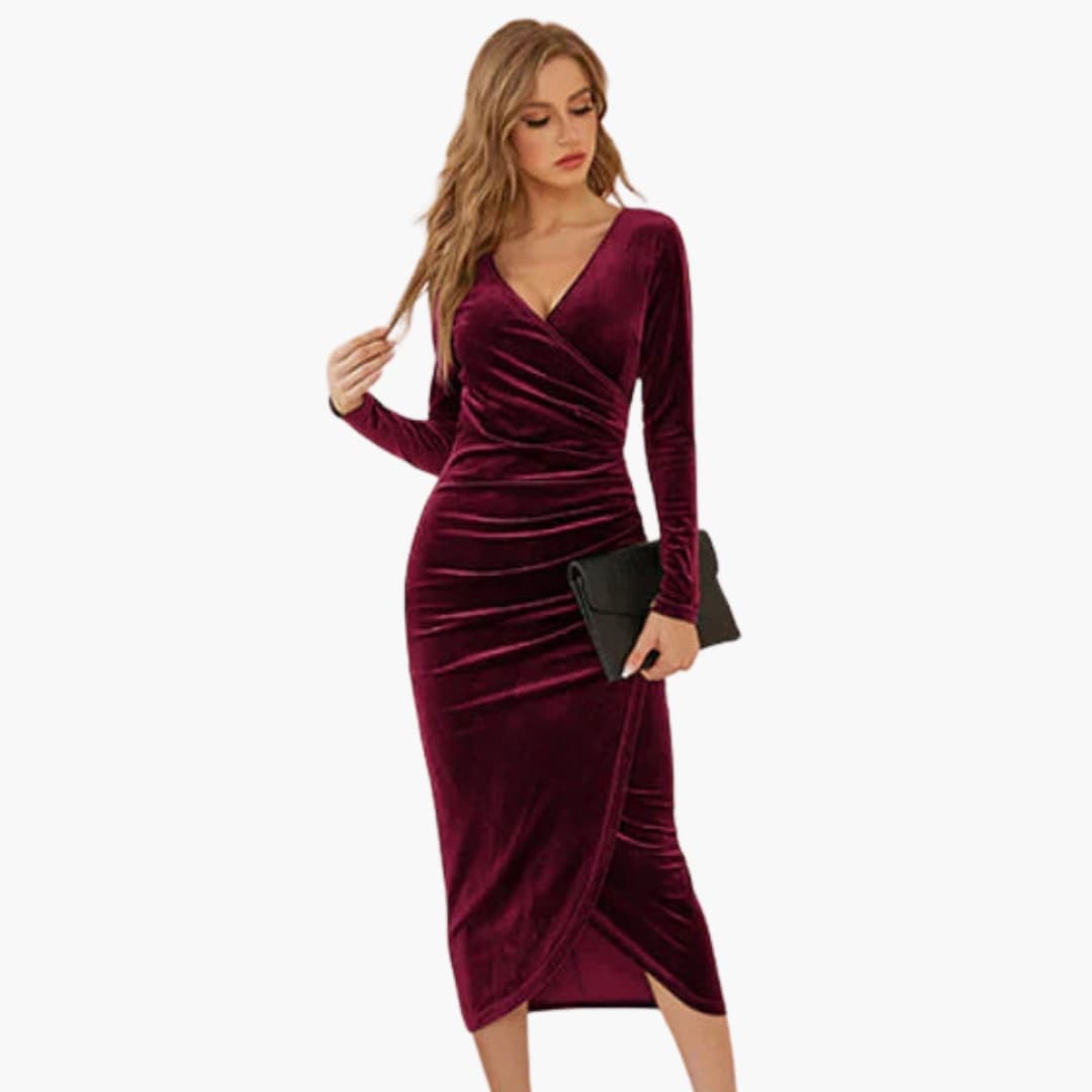 Women’s Midi Dress with Round Neck and Draped Skirt