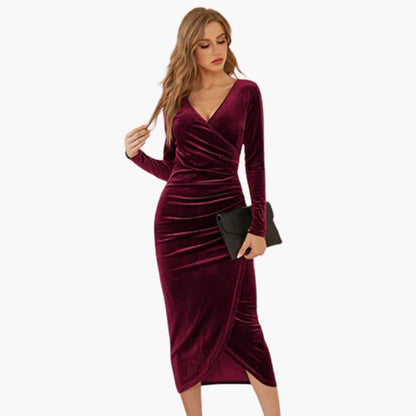 Women’s Midi Dress with Round Neck and Draped Skirt