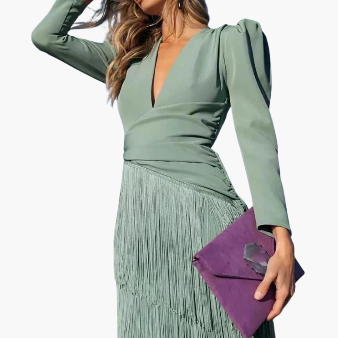 Women's Midi Dress with V-Neck and Pleated Hem
