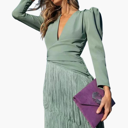 Women's Midi Dress with V-Neck and Pleated Hem