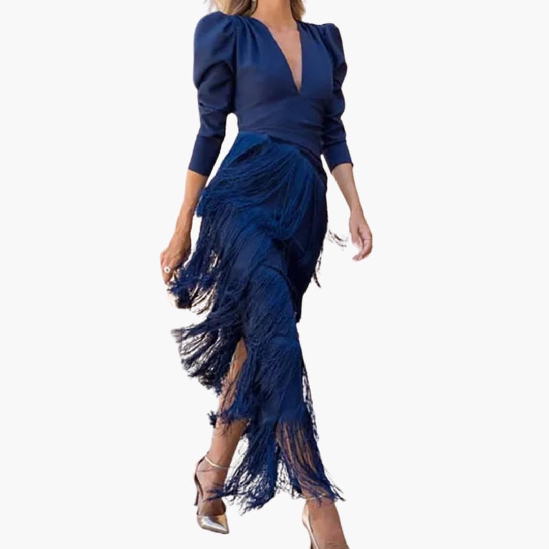 Women's Midi Dress with V-Neck and Pleated Hem