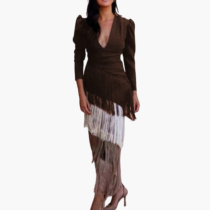 Women's Midi Dress with V-Neck and Pleated Hem