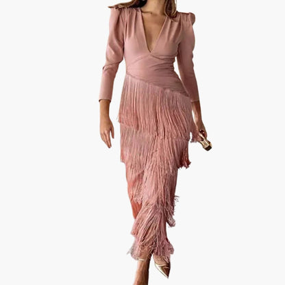 Women's Midi Dress with V-Neck and Pleated Hem