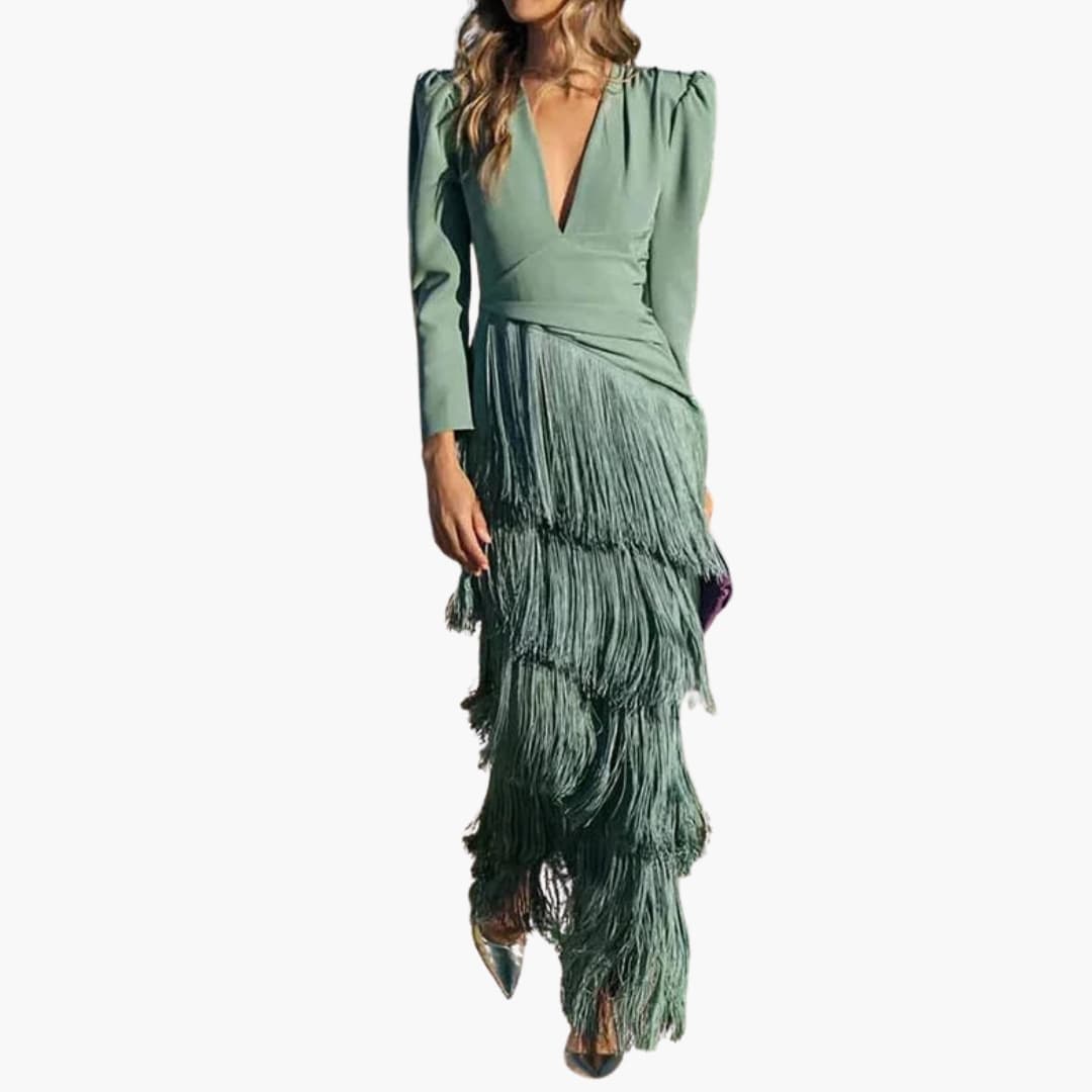 Women's Midi Dress with V-Neck and Pleated Hem