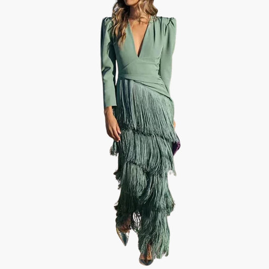Women's Midi Dress with V-Neck and Pleated Hem