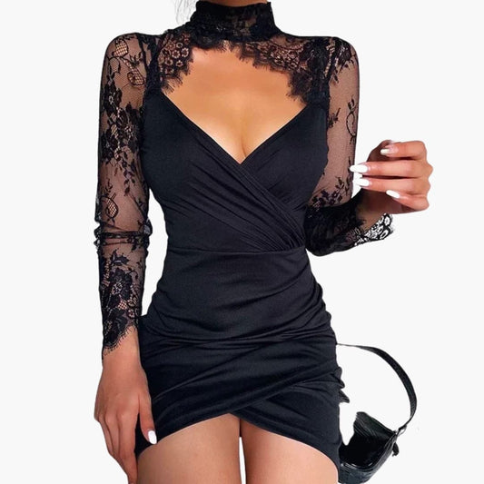 Women’s Mini Dress with High Neck and Lace Trim