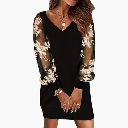 Women's Mini Dress with Lace Sleeves and Fitted Waist