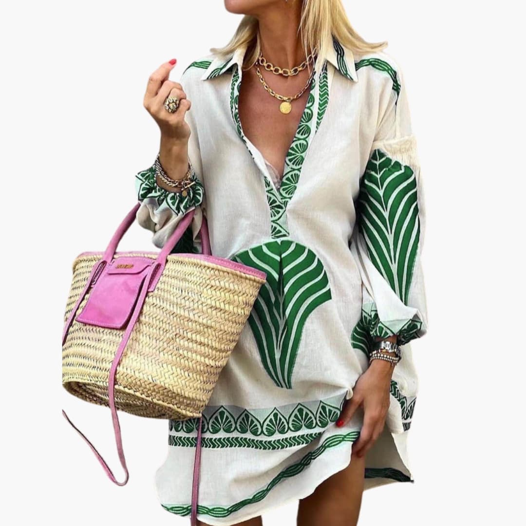 Women's Mini Dress with V-Neck and Printed Surface